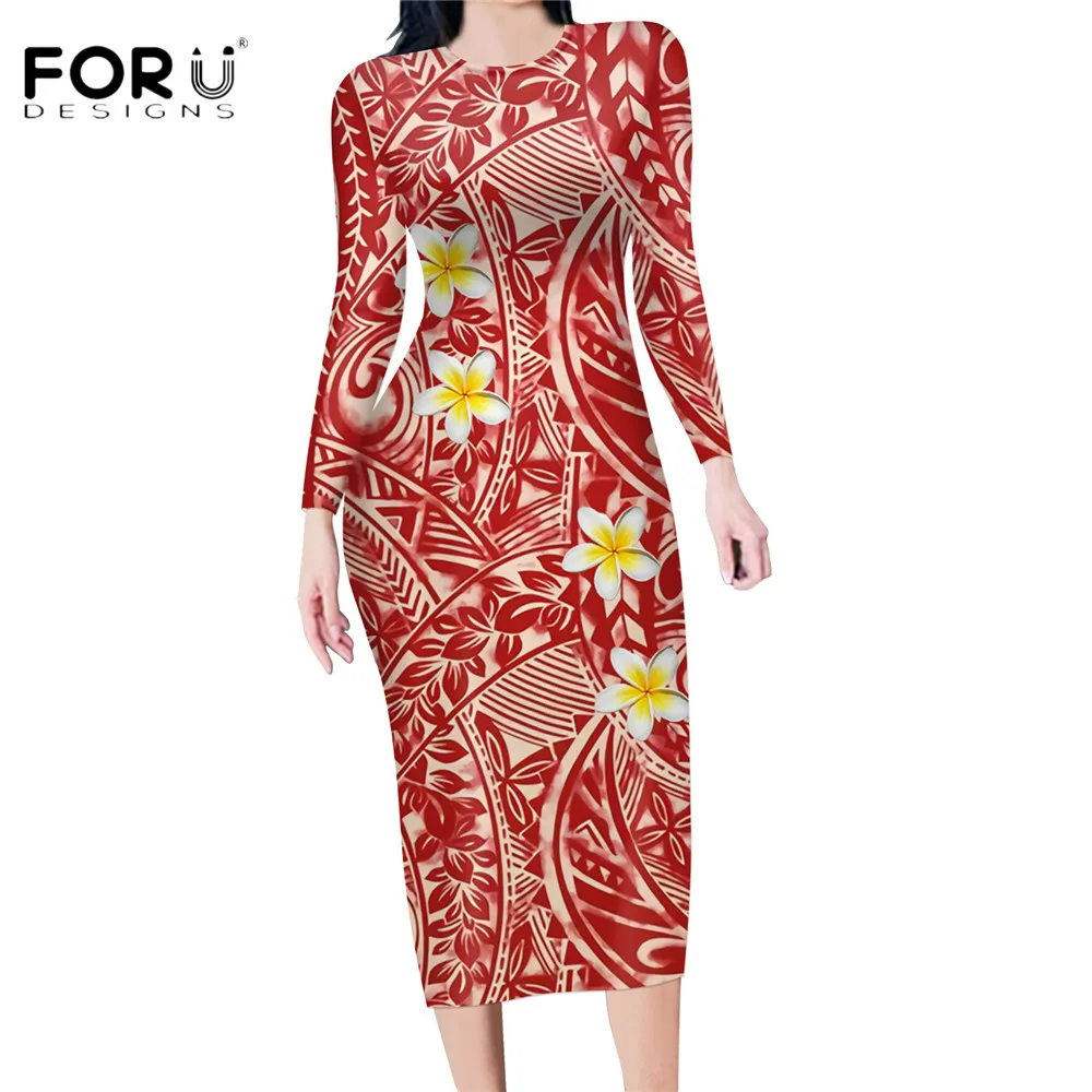 

FORUDESIGNS Hot Selling Women Sexy Bodycon Pencil Dress Hawaii Polynesian Plumeria Floral Print Maxi Long Tops Vestidos Mujer