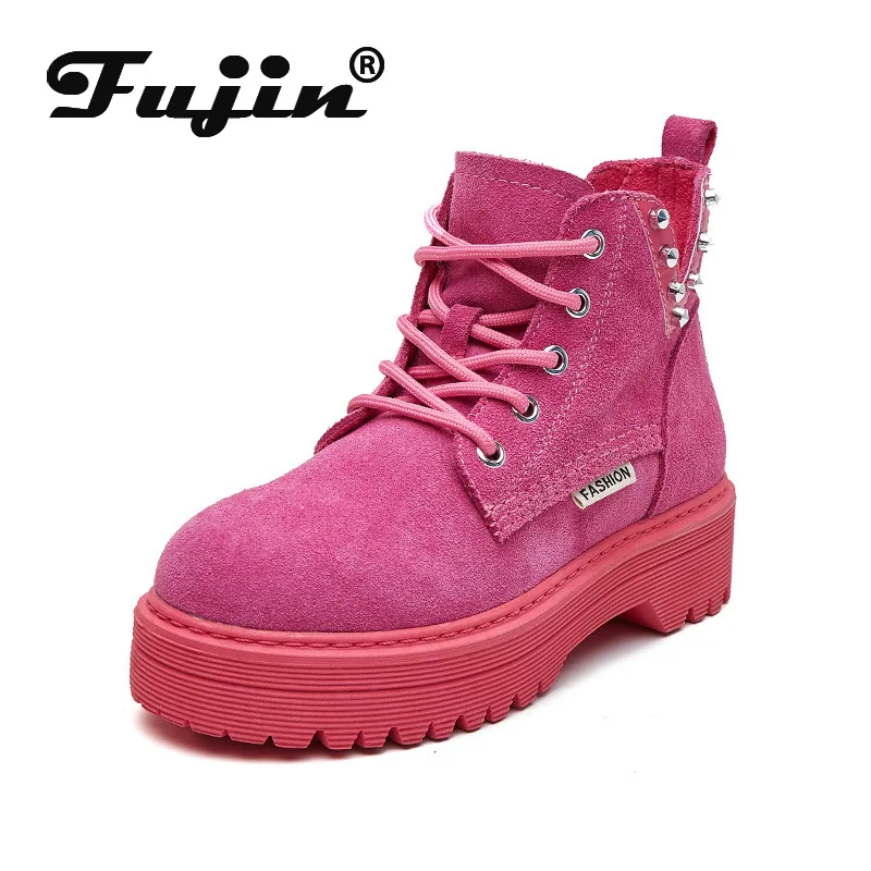 Fujin/женские ботинки Повседневные теплые зимние из натуральной коровьей кожи и