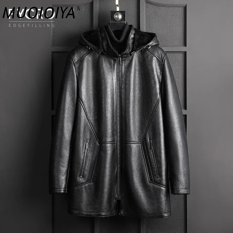 

MUOIOYIA Winter Jacket Men Real Sheep Shearling Leather Jackets Men's Hooded Parka Motorcycle Coat Ropa Hombre LXR999