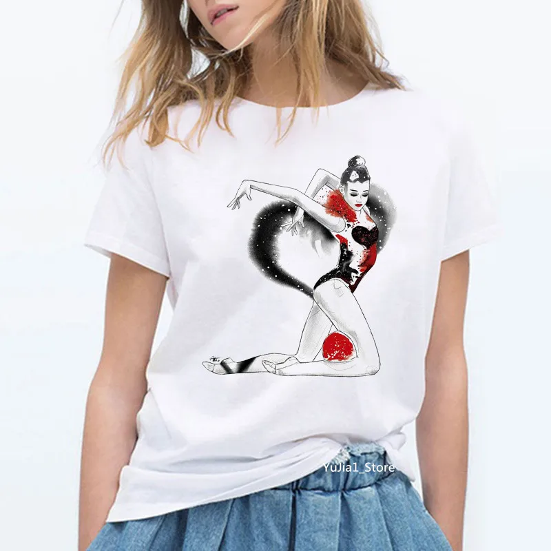 

Summer 2020 watercolor Ballet dancer printed girl white t shirt kawaii gymnastics dance lover gift tee shirt femme custom tshirt
