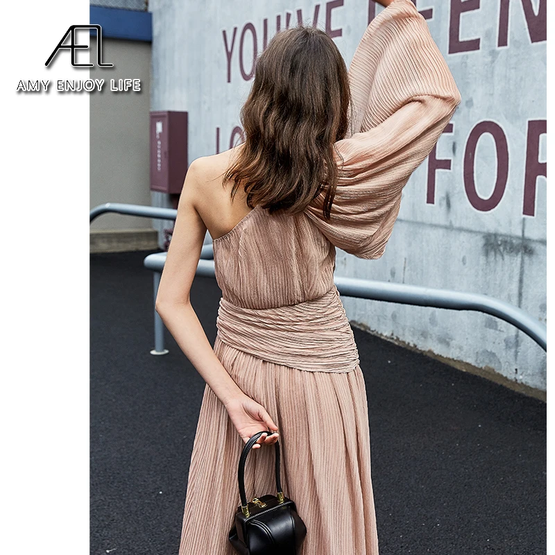 Женское шифоновое платье на одно плечо темно-розовое Плиссированное длинное без