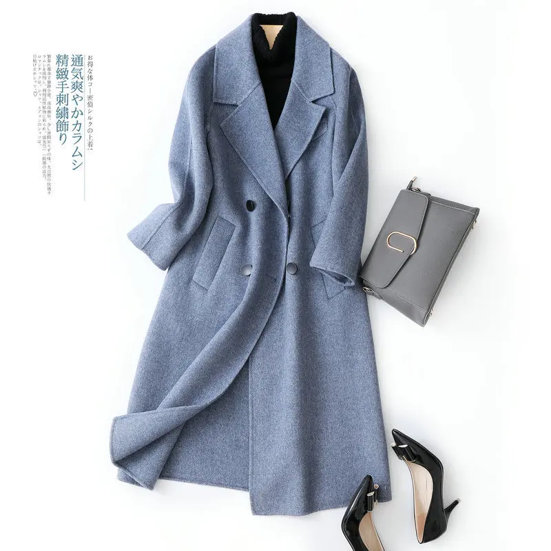 Женское двухстороннее кашемировое пальто синее двубортное из 100% шерсти с узором