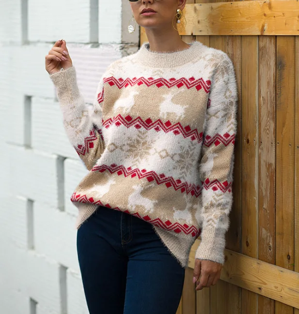 Women Christmas Sweater Long Sleeve ONeck Printed Deer Knitting Tops Pull Femme Nouveaute 2019 Womens Warm Winter Autumn | Женская