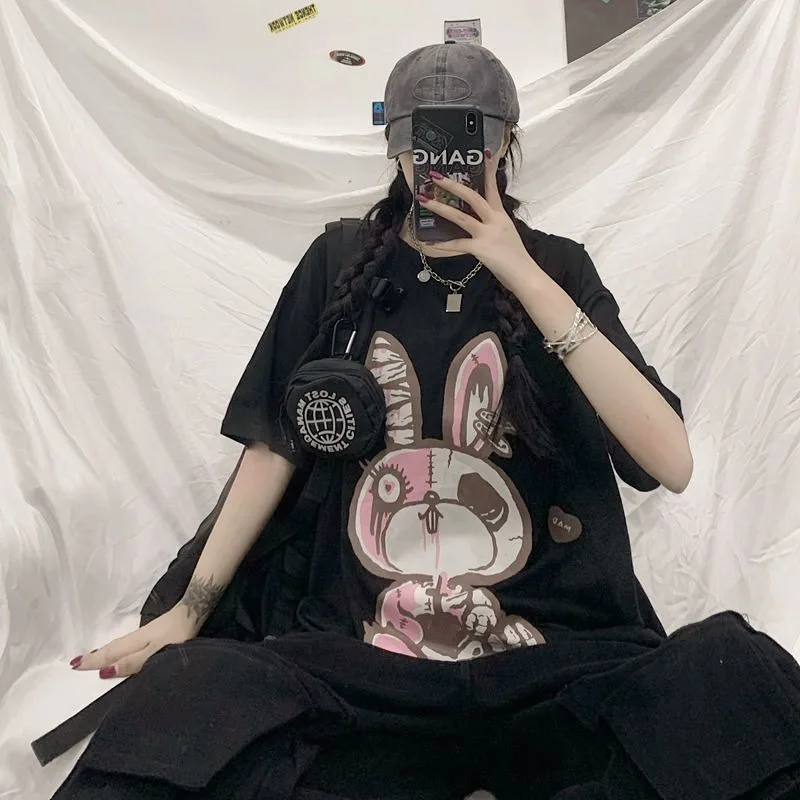 

MINGLIUSILI Gothic Graphic T Shirts Women Rabbit Print Women Clothes 2021 Summer Tee Shirt Short Sleeve White Woman T-shirts