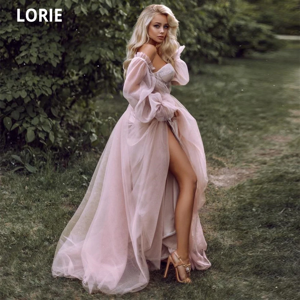 

LORIE Elegant Off The Shoulder Beach Wedding Dresses Ruched Full Sleeve Tulle Boho Princess Bride Gowns For Party 2020