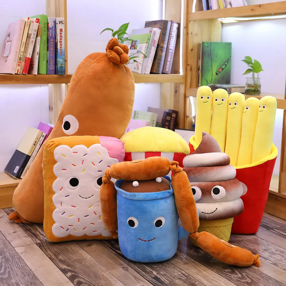 

Funny Food Plush Simulated Stuffed Snack Pillows Cushion Prop Sausage Pizza Hamburger Tea Popcorn Biscuit Hot Dog Ice Cream