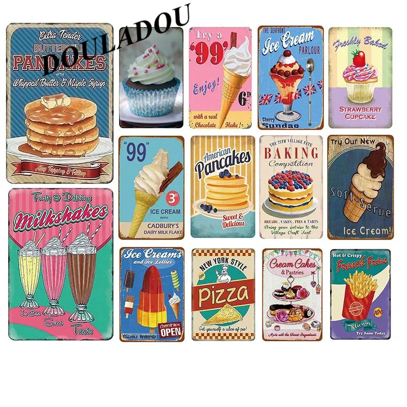 

[Douladou] Vintage Pancake Pizza ICE CREAM Plaque Tin Sign Cafe Store Metal Sign Poster Bar Club Wall Home Decoration 20x30cm