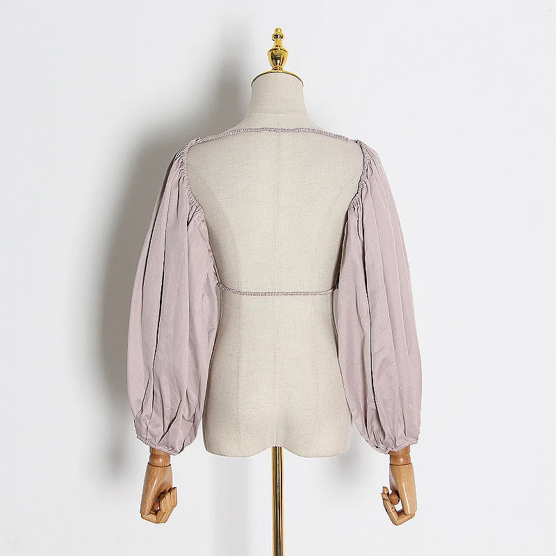 

Sexy Chic Backless Lantern Sleeve Women Blouses 2021 New Solid Short Design Femme Blusas Summer Fashion Slash Neck Shirts