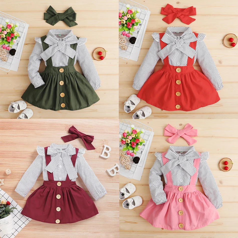 

Toddler Baby Girl Clothing Spring Dot Printed T Shirts Tops + Button Suspenders Skirts + Headband Outfits Kids Clothes Princess