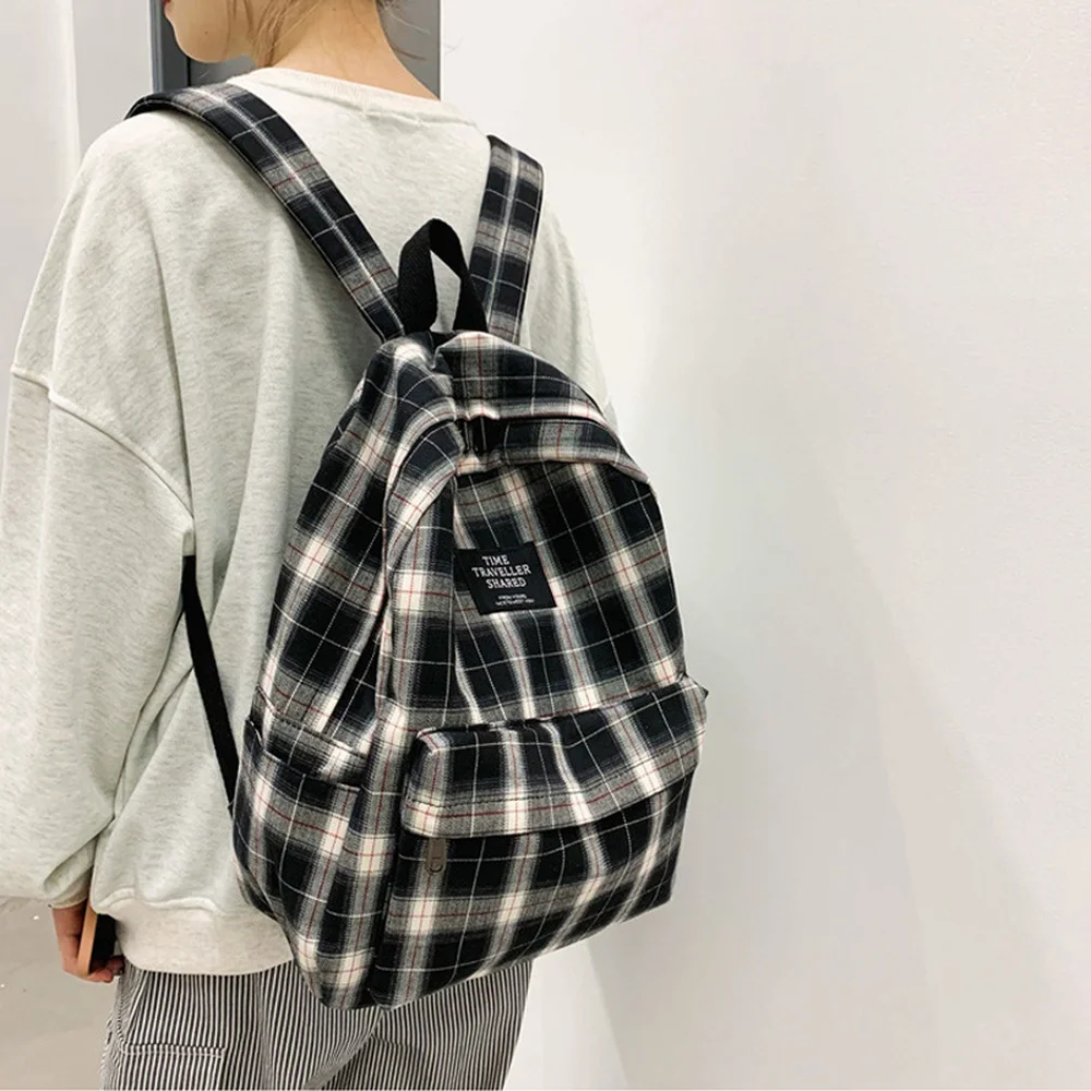 1PCS Plaid Student Backpack Canvas Material Japanese and Korean Retro College Style Simple Trend Leisure Travel Backpack 2020