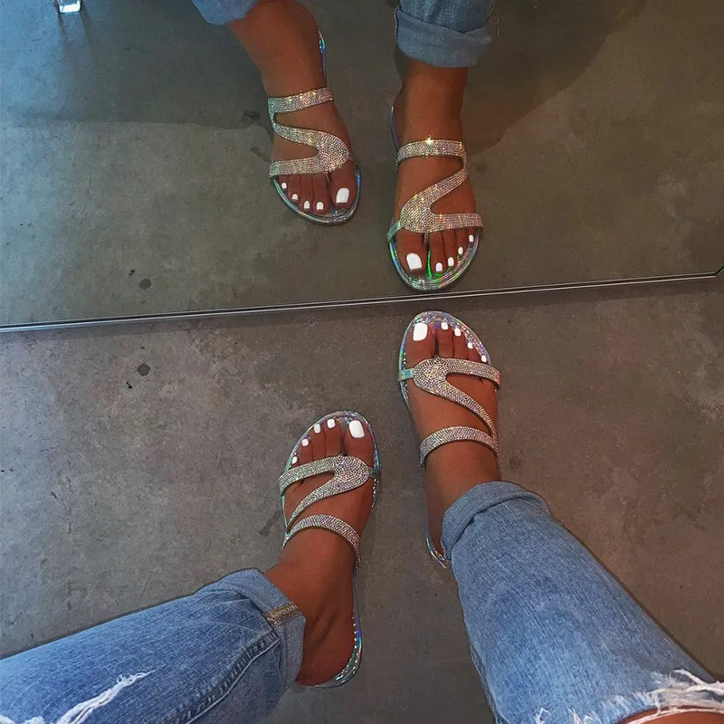 

MCCKLE Summer Women Crystal Slippers Flat Ladies Sweet Girl Elegant Woman Sandals Fashion Beach Outdoor Slides New