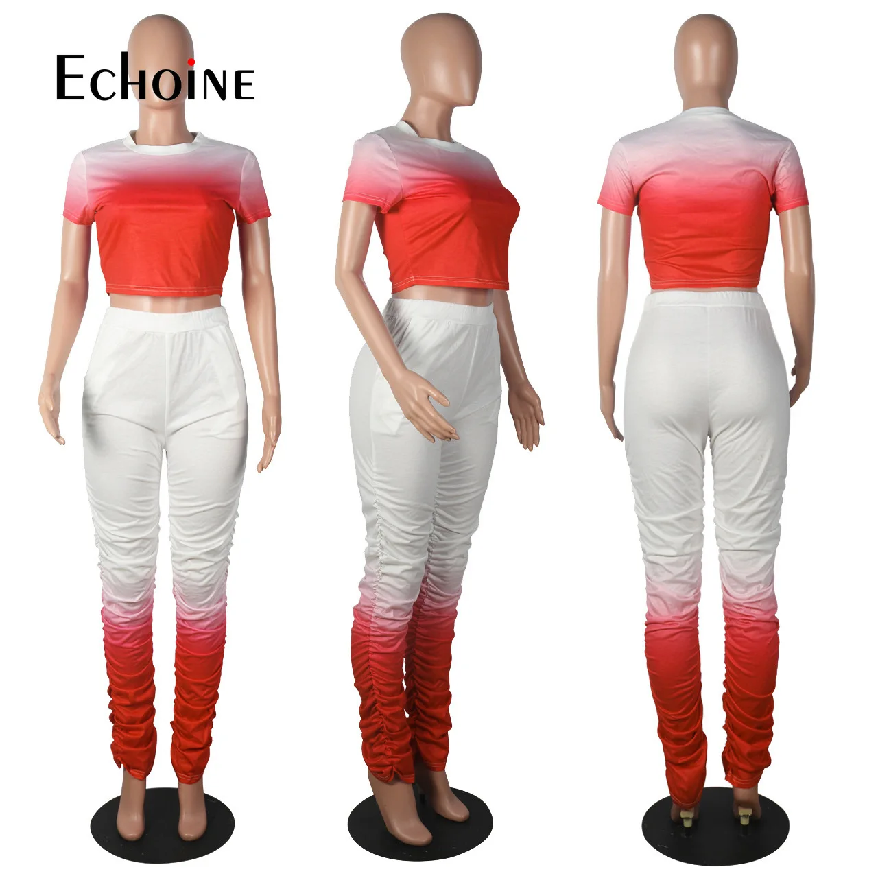 

Echoine Women Gradient Print Two Piece Set Tee Tops Stacked Bell Bottom Jogger Pant Suit Sport Matching Sets Tracksuit Outfit