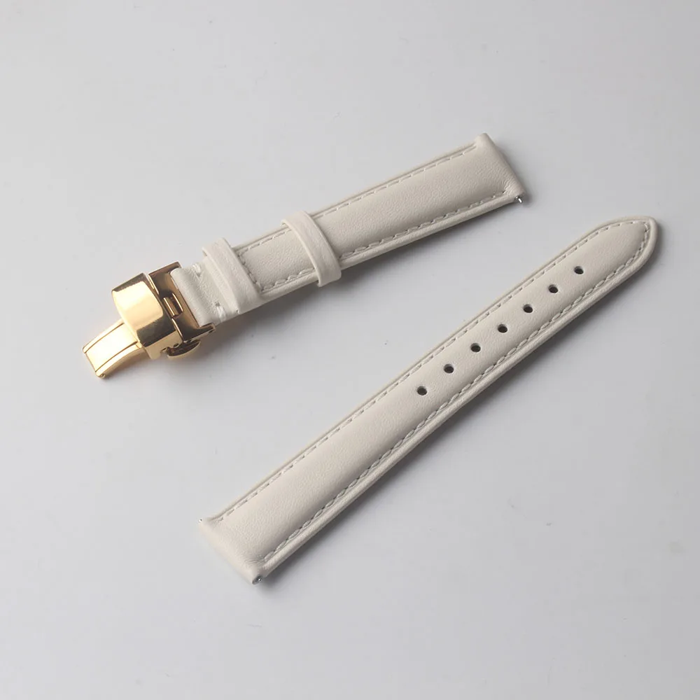 

Watchband Leather With gold Stainless Steel Butterfly Buckle Watch Strap White 14 15 16 17 18 19 20mm Watch Accessories new hot