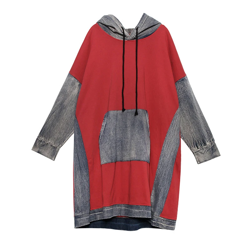 

CHICEVER Patchwork Denim Sweatshirt For Women Hooded Collar Long Sleeve Hit Color Lace Up Pullovers Sweatshirts Female 2020 New