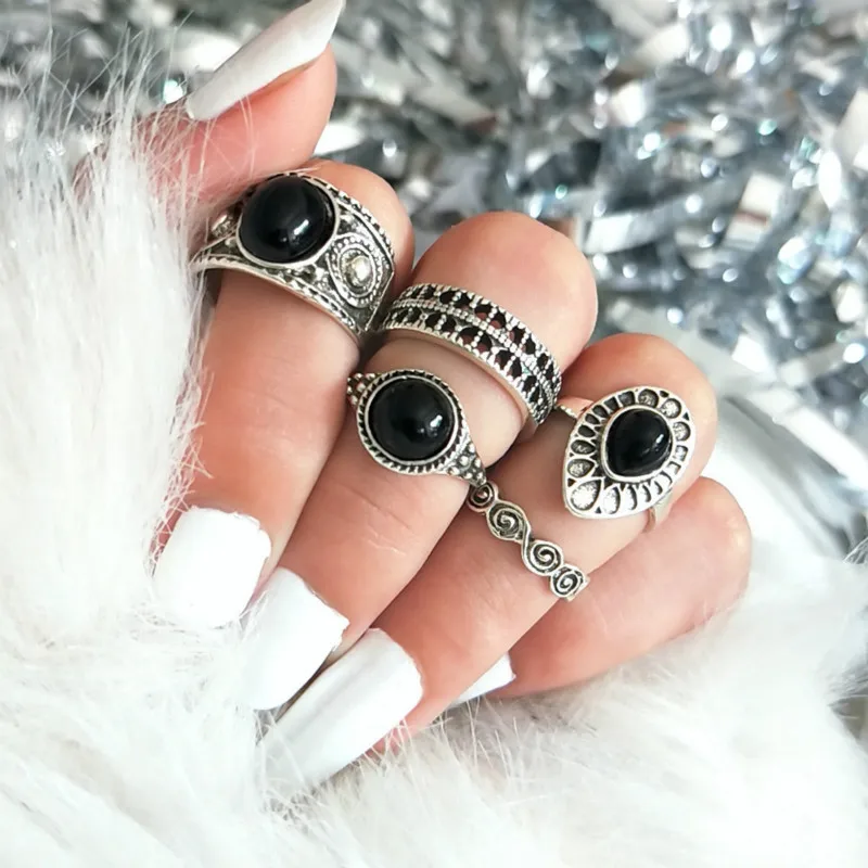 

5pcs/set Ornament Punk Vintage Black Gemstone Ring Water Drop Round Combination Five-piece Ring Set Rings Fashion Jewelry