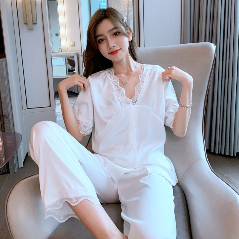 Women Sleepwear Summer Pyjamas Silk Nightgown Sexy Nighty Plus Size Lapel Loose Version Pajama Set High Quality