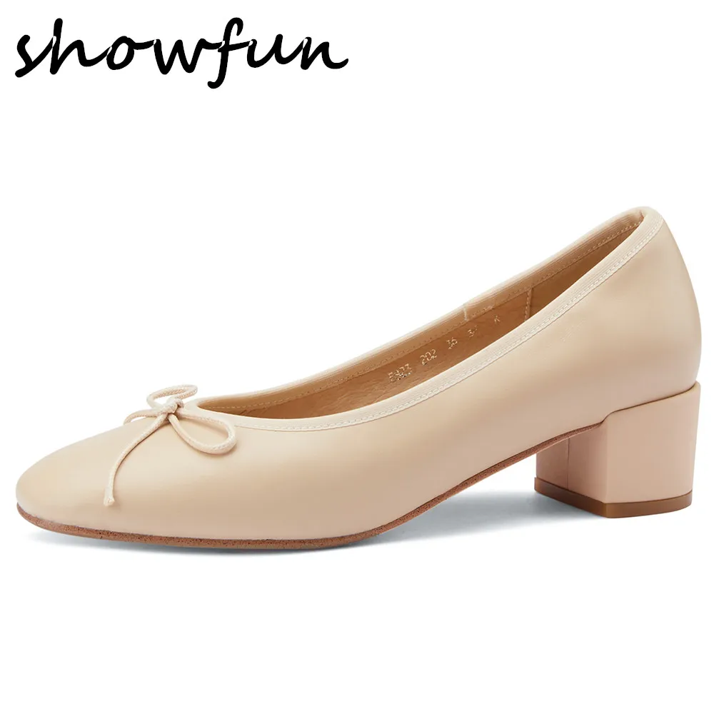 

Women's genuine leather thick high heel round toe pumps bow tie korean style sweet female dress shoes med heel comfortable heels