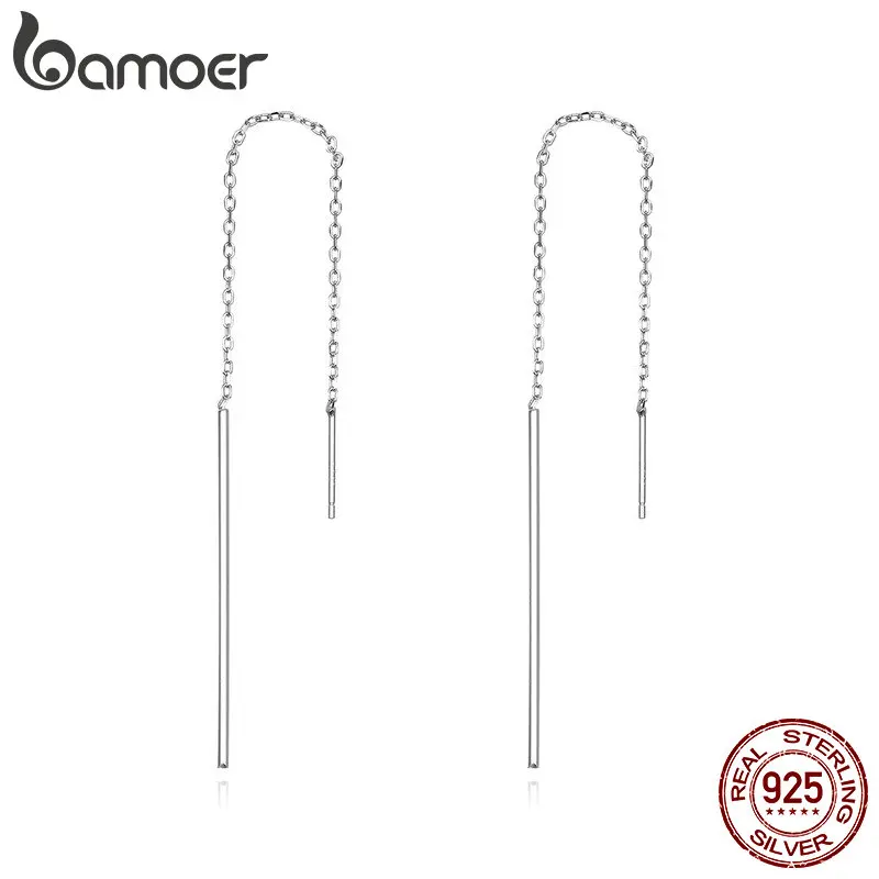 BAMOER, элегантные, новые, подлинные, 925 пробы, серебряные, простая линия, висячие серьги для женщин, подлинные серебряные ювелирные изделия, подарок SCE490