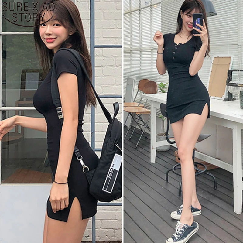 Сексуальное летнее платье для женщин 2021 новая кнопка черная мини платья с