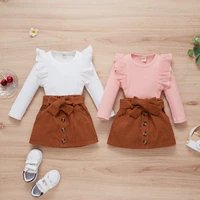 new fall fashion toddler clothes set casual kids girls ruffle knitted tops button a line skirt with belt outfits 2pcs clothing