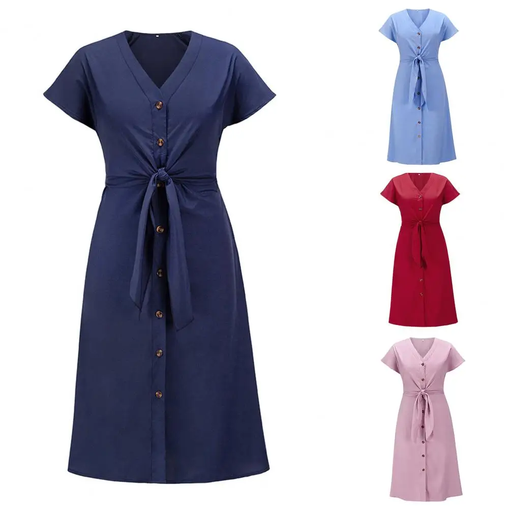 

Hot Sales Dress Button Placket High Waist Female Women Solid Color V Neck Dress for Shopping