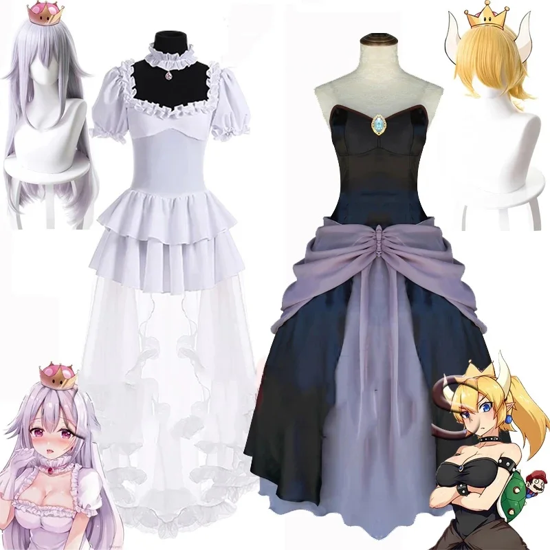 

Boosette Cosplay Costume Bowsette Cosplay Princess Koopa White Long Dress Ball Gown Retro Medieval Dress For Women Halloween