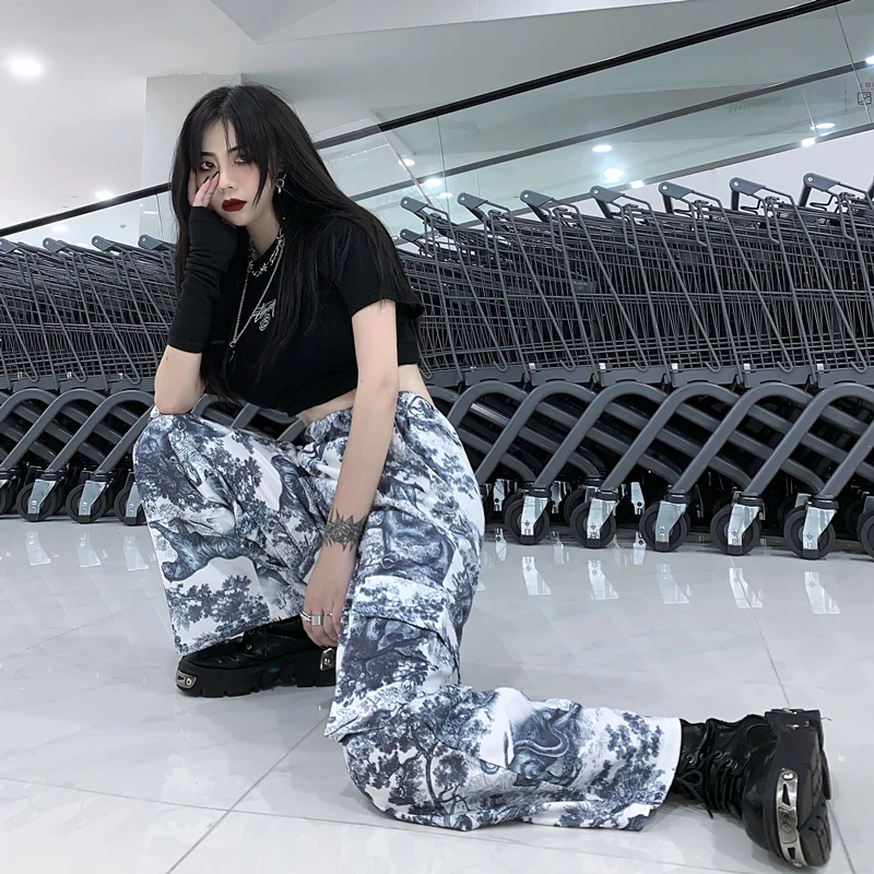 Lychee Харадзюку эластичная талия хит цвет женские брюки карман 3D принт животных летние женские брюки прямые широкие женские брюки