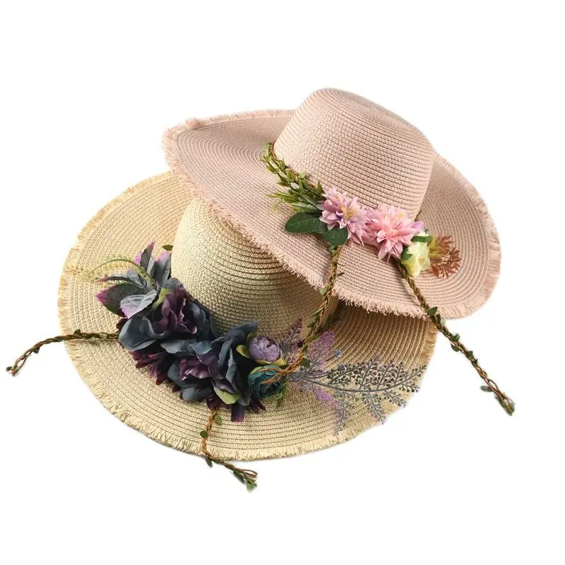 

Summer Ladies Big Brim the Fringed Side Floral Visor Hat Vacation Travel Seasidee Beach Sunscreen Breathable Straw Cap Womem