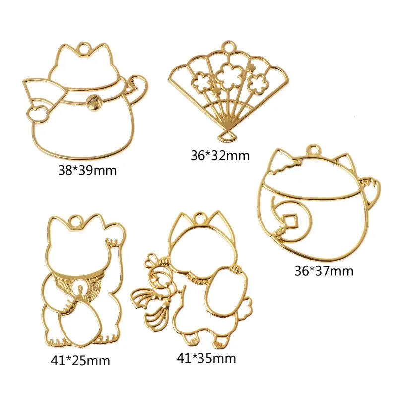 

5Pcs Fortune Cat Metal Frame Pendant Open Bezel Blank Setting UV Resin Jewelry