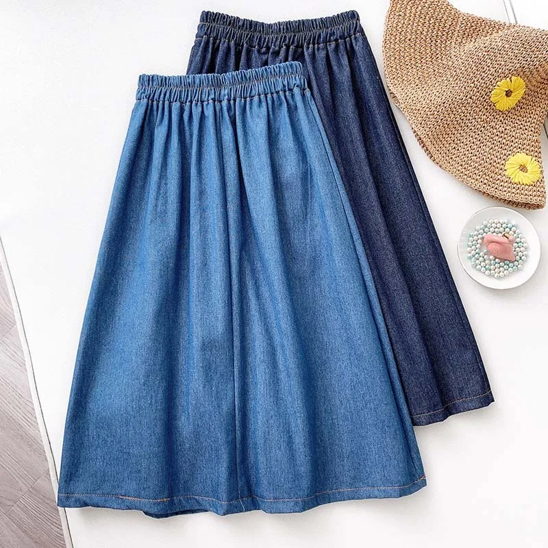 

Wasteheart New Blue Women Skirt High Waist A-Line Long Skirt Mid-Calf Skirts Sexy Skirt Casual Cotton Plus Size Packet Denim