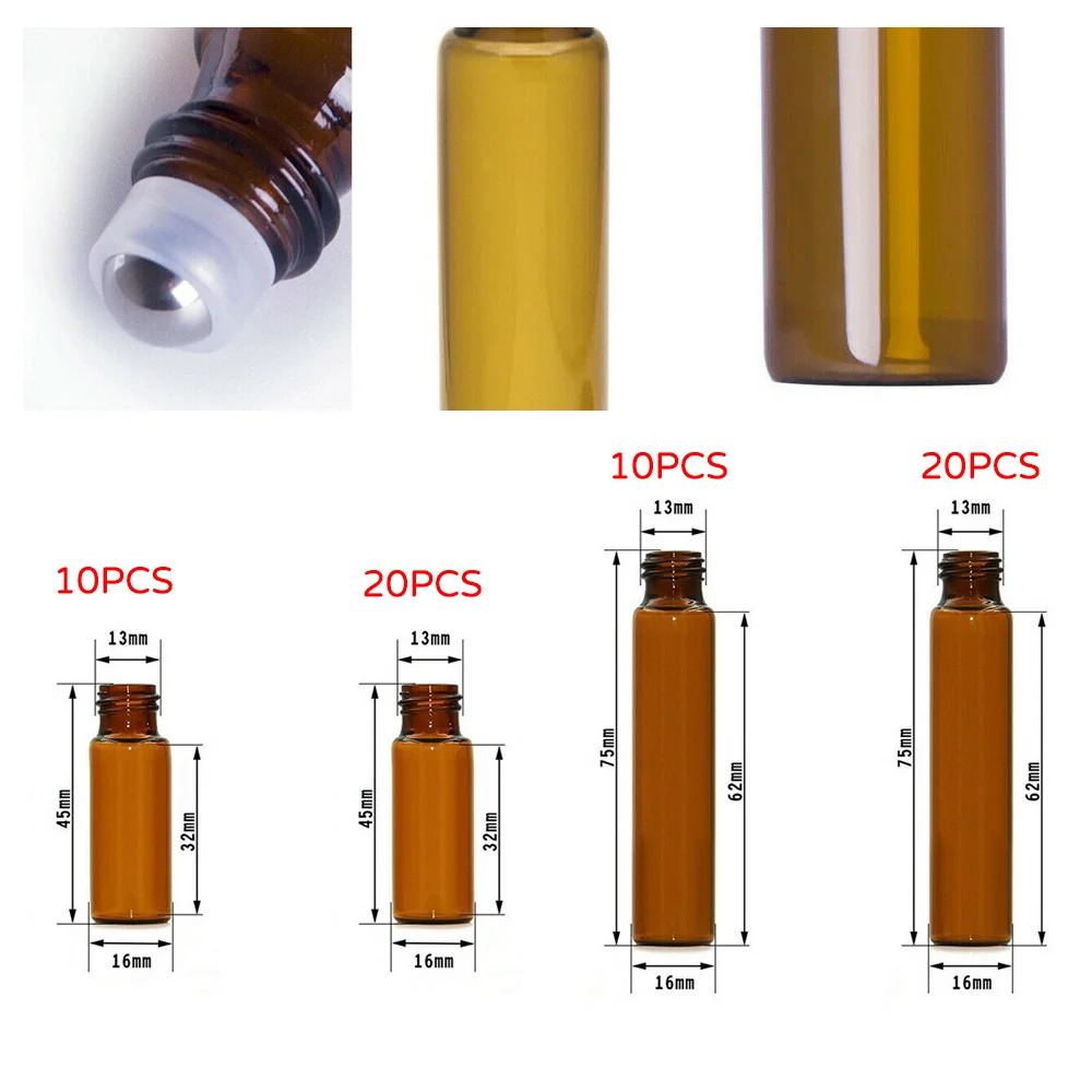 

10/20 Pcs Essential Oil Glass Roller Bottles Mini Tiny Refillable Empty Aromath Brown Transparent Glass 5/10ML