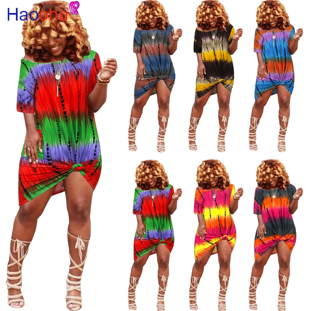 

HAOOHU Autumn New Women T-shirt Dress Casual Mini Dress Party Club Sexy Tie Dye Off Shoulder Pocket Loose Urban Women Clothes