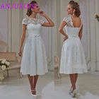 Винтажное кружевное короткое свадебное платье ANJURUISI, 2020, свадебное платье с завязкой на спине до колен, богемные свадебные платья