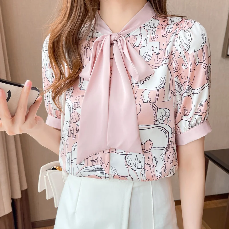 

Summer Korean Style Chiffon Women Shirt 2021 Vintage Office Blouse Bow Lace Up Top Fashion Satin Blouse Female