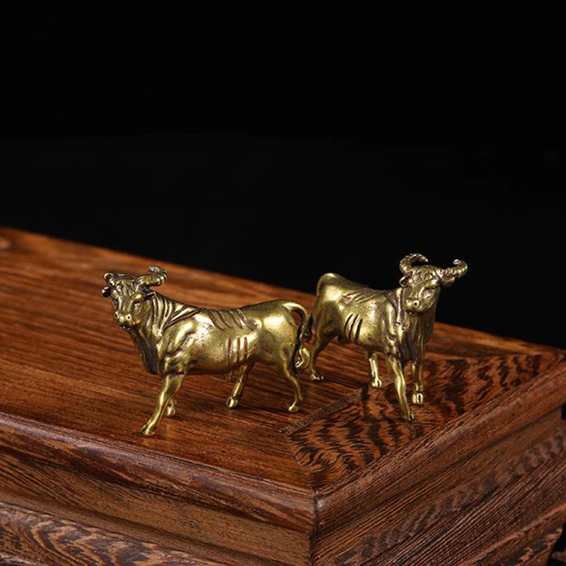 Латунная статуя животного орнамент Китайский Зодиак Ox стол деко маленькое
