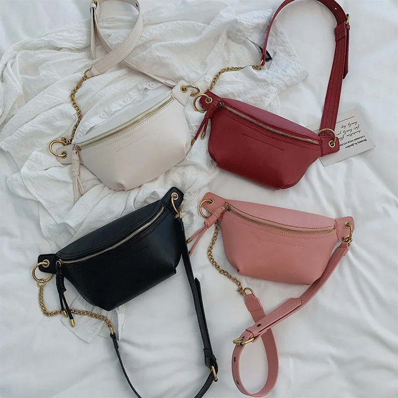 

2019 Women Waist Bag Fanny Chest Pack Solid PU Bag Belt Purse Chains Female Crossbody Zipper Purse Phone Key Pouch Shoulder Bag