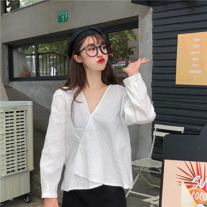 

sweet full button black v-neck loose Spring and autumn high quality Shirts Women's Clothing fashion brand tops vetement femme