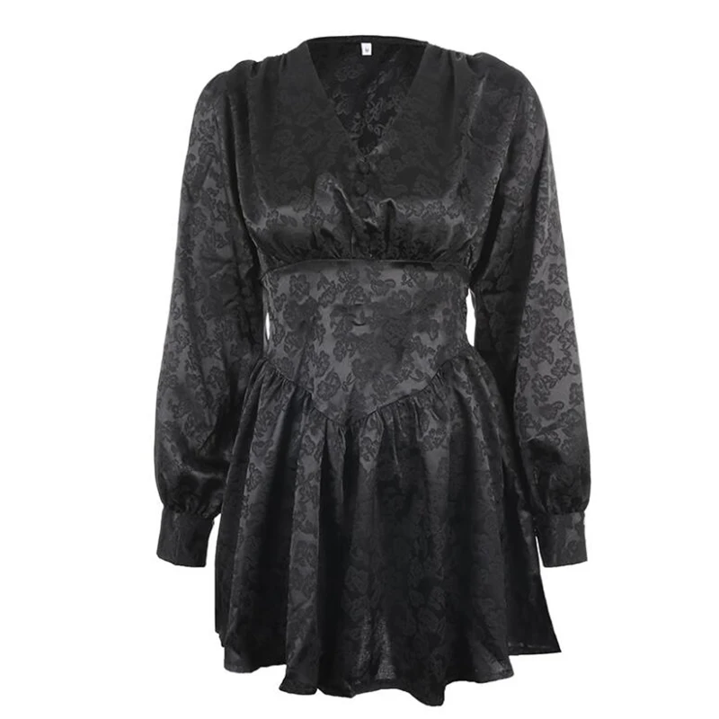 

Fanco 2020 New Fashion Women's Sexy Black Dress V-Neck Dark Pattern Jacquard High Waist Bubble Long Sleeve Solid Color Vestidos