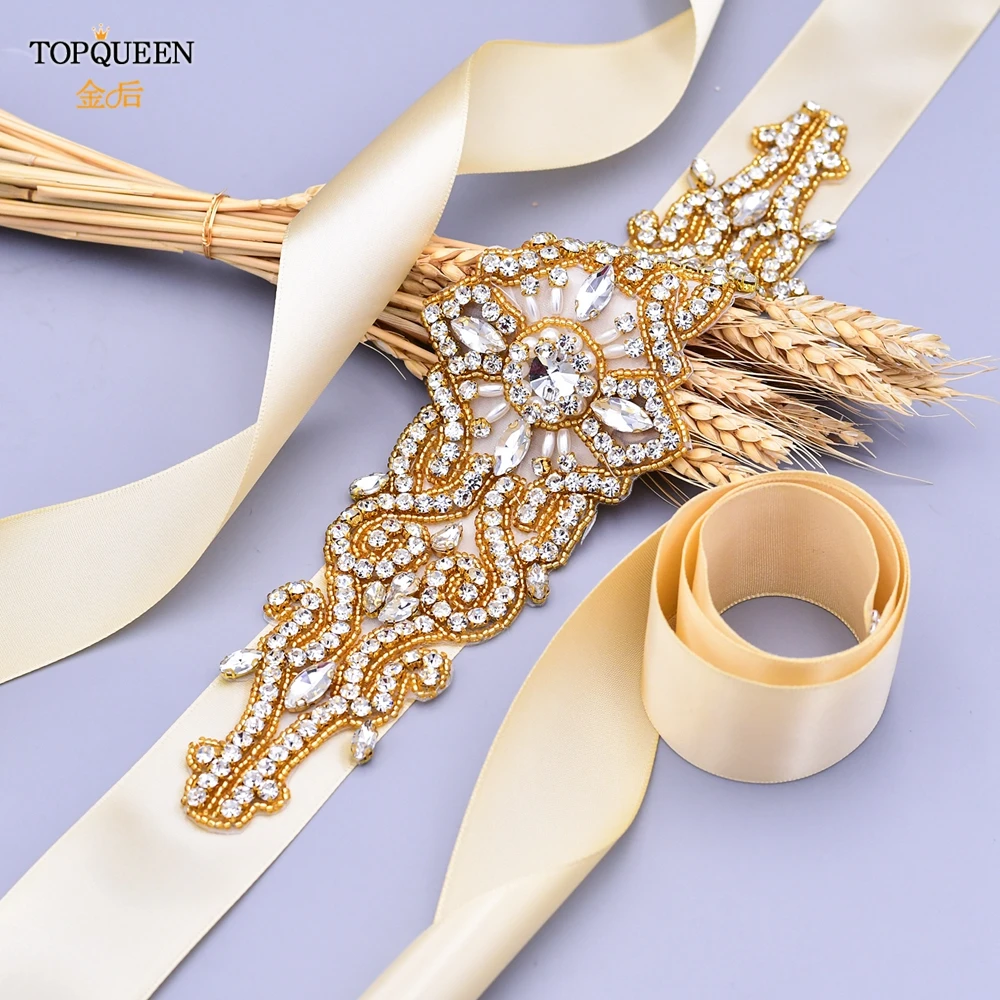 

TOPQUEEN S26-G Gold Bridal Belts Sparkly Belts for Dresses Wedding Belt Art Decoration Bridal Sash Belt Jeweled Belt for Wedding