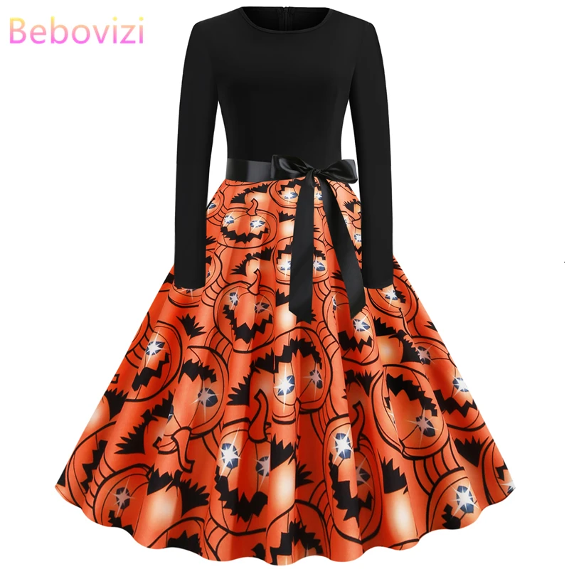 Nieuwe 2019 Herfst Vrouwen Хэллоуин Jurken плюс размер Lange Mouwen череп печати вечерние Vestidos