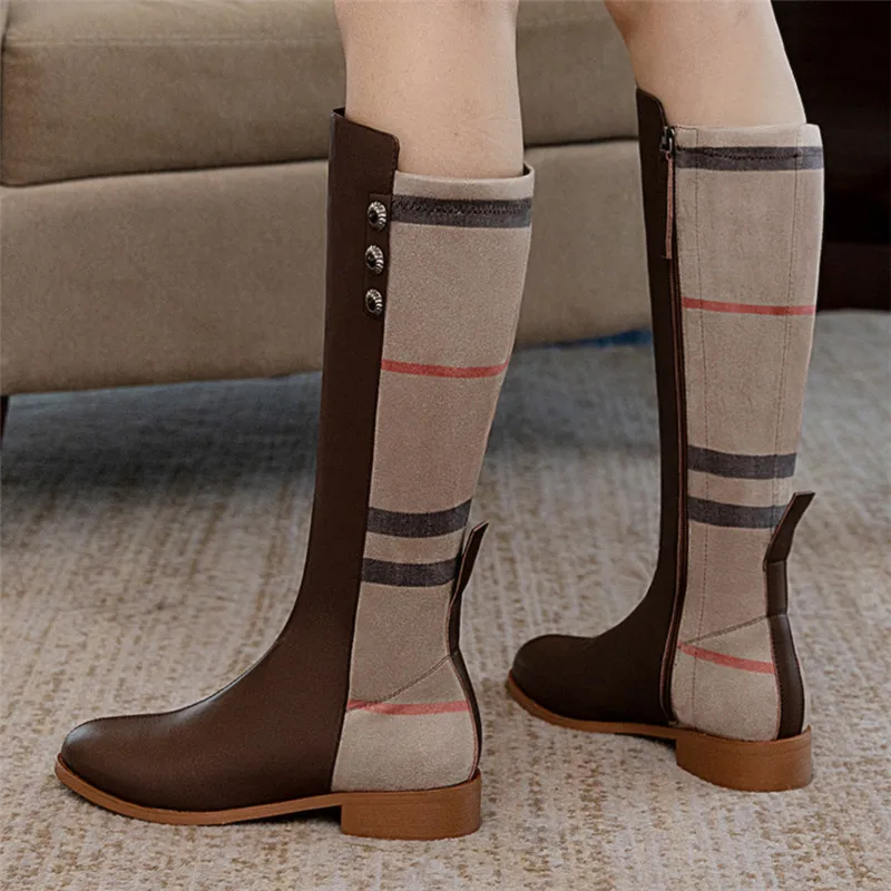 

Autumn Winter New Fashion Selling Women Knight Boots Genuine Leather Suede Round Toe Long Boots Buttons Zipper Handmade Shoes