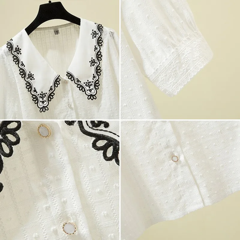 

Plus Size Women Summer Casual Shirts New Arrival 2021 Fashion Korean Style Peter Pan Collar Embroidery Ladies Elegant Tops W280