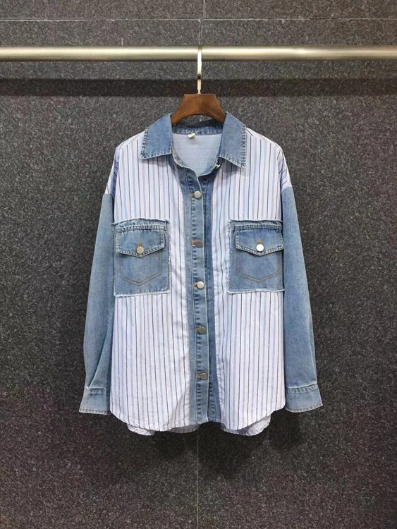 

2021 new women fashion lapel color matching stitching striped symmetrical pockets long-sleeved denim shirt shirt 1030