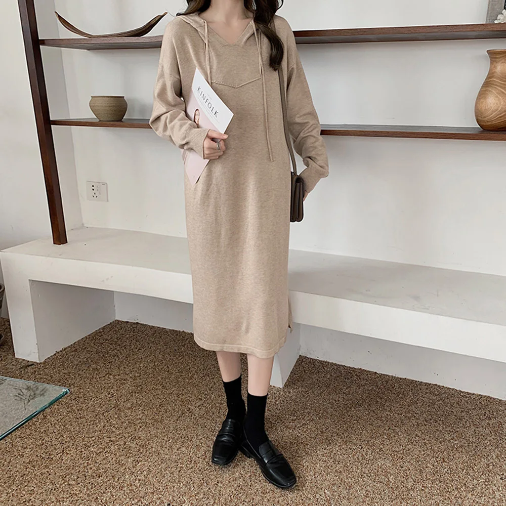 

2021 Autumn Winter New Dress Korean Fashion Womens Solid Color Hooded Long Sleeve Loose Casual V-neck Knitting Dress