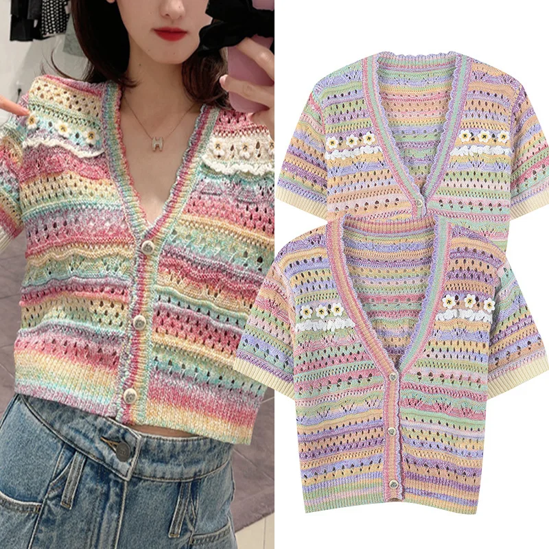 

2021 Summer Women T-Shirts Rainbow Knit Crop Tops V-Neck Stripes Tees Floral T Shirt Casual Fashion Streetwear Harajuku Korean