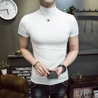 summer men t shirt stretch tight sports casual bottoming shirt solid color high collar muscular men fitness clothing black white