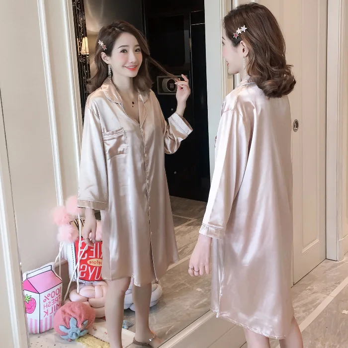 Spring Autumn Solid Color Three Quarter Women's Nightdress Ice Silk Large Size 100kg Fat MM Nightgowns & Sleepshirts Home Wear