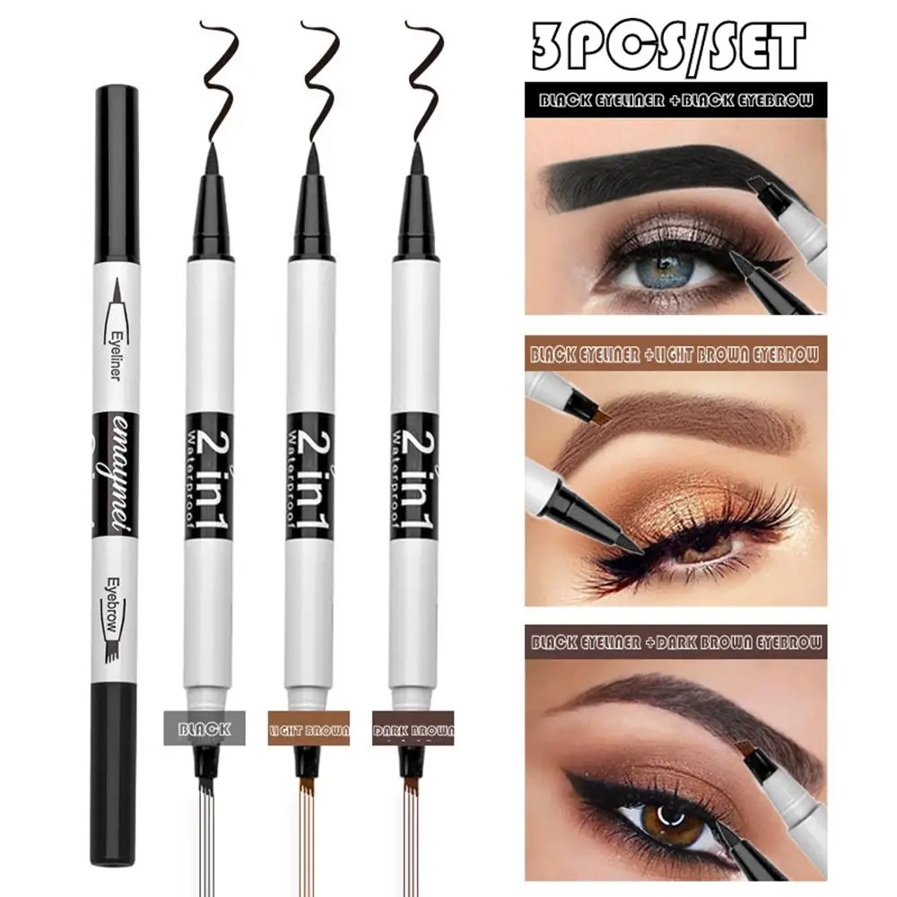 

3Pcs/set 2 in 1 Microblading Eyebrow Eyeliner Pen Waterproof Fork Tip Eyebrow Tattoo Pencil Sketch Liquid Eye Brow Pen