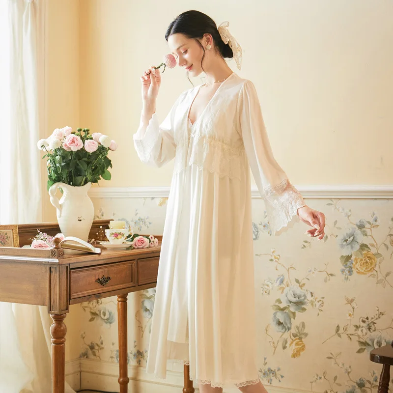 

Women Sexy Robes Vintage Palace Style Bathrobe Sleepwear 2 Piece Lace Nightgowns Sets Ladies Lolita Nightdress