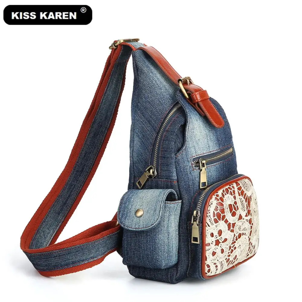 KISS KAREN, винтажные Цветочные кружевные сумки на лямках для женщин, джинсовая нагрудная сумка, джинсы, повседневный рюкзак, модный рюкзак на плечо для путешествий, сумки